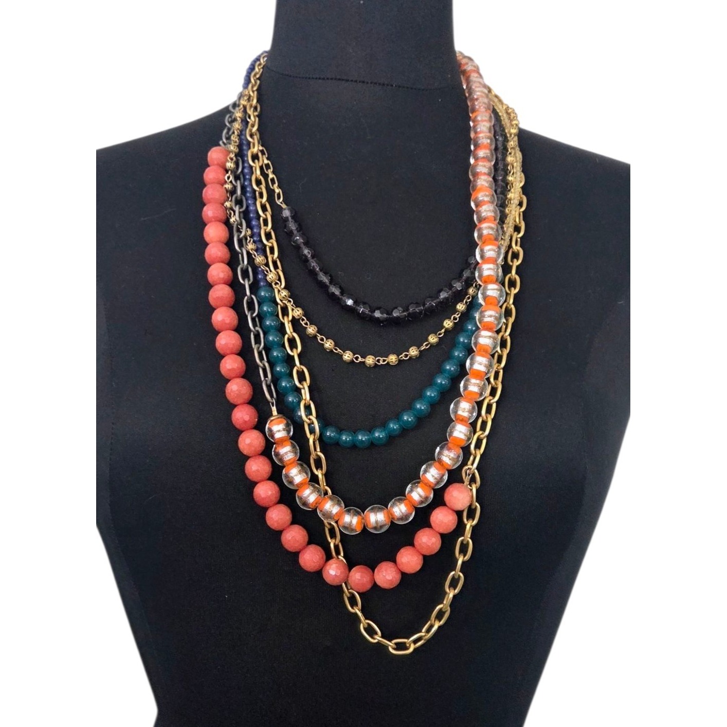 Vintage Lenora Dame Multi-Strand Beaded Chain Layered Asymmetrical Necklace